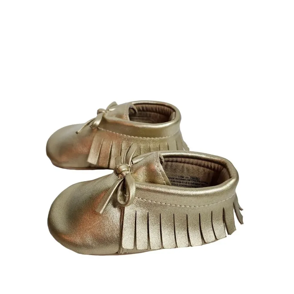 Old Navy Gold Baby Moccasins Shoes Sz 3-6mos / Fringe & Bow